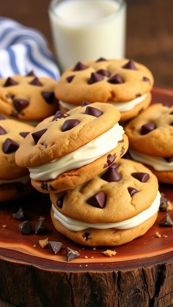 Delicious chocolate chip cookie sandwiches on a wooden plate, with creamy filling and a glass of milk.